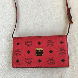 MCM Monogram Large Wallet On Crossbody Strap Coral